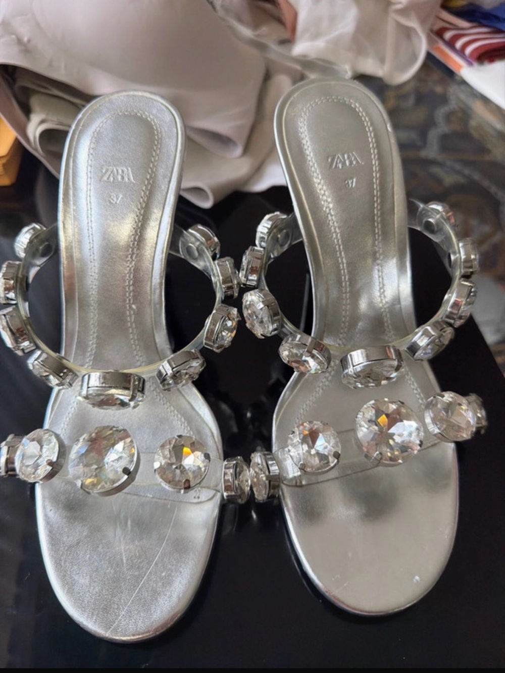 Zara Silver Crystal-Embellished Heeled Slides